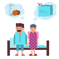 Cartoon couple before going to sleep in bed vector illustration. Wife in night cloths thinking of going to sleep. Husband trying to fight insomnia by eating cookies with cup of milk.