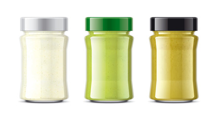 Set of Glass Jar with Sauces, Mustard, Wasabi, Horseradish. 