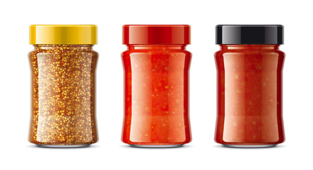 Set of Glass Jar with Sauces, Mustard. 