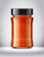 Glass Jar with Caviar on Background. 