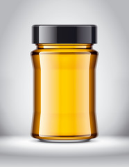 Glass Jar with Honey on Background. 