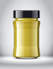 Glass Jar with Mustard on Background. 