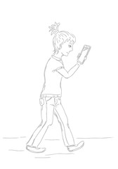 black and white illustration of girl with ponytail staring at smartphone screen