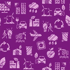 Eco-friendly technology, seamless pattern, pencil hatching, color, lilac, vector. Clean energy, fuel and food production. Future technology. Imitation of pencil hatching. Seamless purple background.  