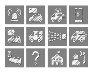 Emergency service, icons, set, hatching, white, vector. Emergency medical and fire assistance, reference services. Simulated pencil hatching. Gray square icons. 