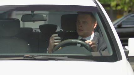 Intoxicated car driver drinking beer hitting pedestrian, driving under influence