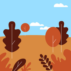 Autumn landscape, public park. Fall season in forest and city garden. Cartoon trees and bushes. Natural background