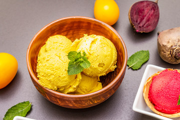 Assorted of beet and tomato ice cream, sorbet, gelato