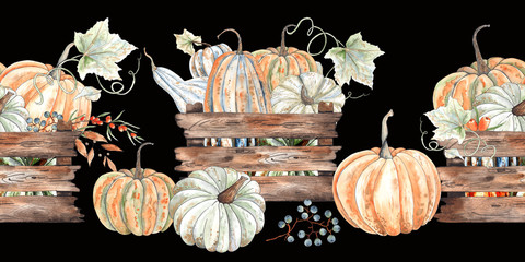 Watercolor autumn seamless borders with orange and green pumpkins, leaves, branches, berries and textures