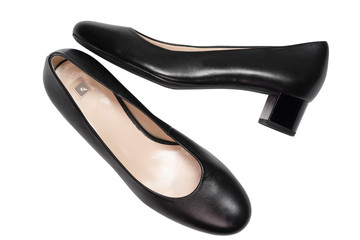 Stylish high heel shoes on white background, Top view. Flat lay.