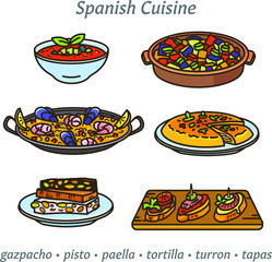 Spanish cuisine, set of vector outline icons