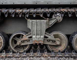 Fototapeta na wymiar Detail of the wheels and track of a Sherman WWII tank