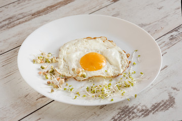 Healthy breakfast. Fried egg close up served with sprouted grain. Dieting concept. Healthy low calories food. Weight loss.