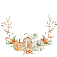 Watercolor autumn wreaths with orange and green pumpkins, leaves, branches, berries