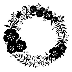 Black beautiful wreath of flowers and plants on a white background.