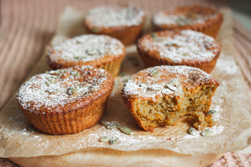 Desserts. Pumpkin muffins with seeds for Breakfast.