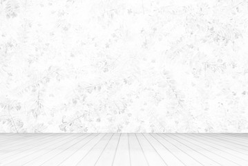 White Floral Room Background with Wooden Floor, Suitable for Product Presentation and Backdrop.