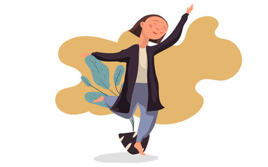 young women or girl walking dancing and smile. Cute cartoon characters. With abstract background. Flat vector illustration. 
