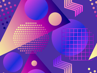 Memphis seamless pattern in 80s style. Geometric shapes with liquid gradient. Modern trend background. Vector illustration