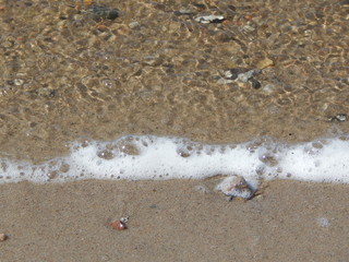 Background with foam on the beach as horizontal line, copy space