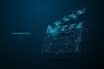 Film production low poly wireframe banner template. 3D clapperboard, filmmaking, movie director equipment with connected dots. Polygonal open clapper board, cinematography mesh art illustration - obrazy, fototapety, plakaty