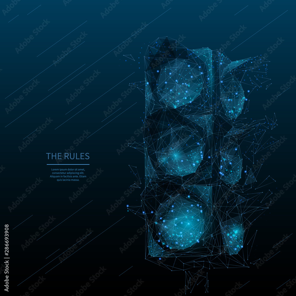Poster Traffic light low poly wireframe banner template. 3D semaphore, rules symbol with connected dots. Polygonal vehicles and pedestrians movement regulation, control and information mesh art illustration