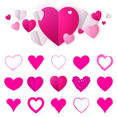 Pink hearts big set. Valentines day icons. Rose heart signs isolated on white background. Love concept stickers. Vector illustration