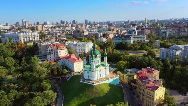 Aerial drone video Famous St. Andrews Church and panorama of Kyiv, Ukraine