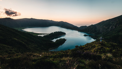 Beautiful panoramic view of Lagoa do Fogo lake in Sao Miguel Island at sunrise, Azores, Portugal