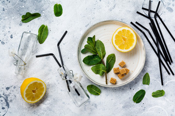Fresh branch of mint, lemon and pieces of cane sugar on ceramic plate on old concrete background.