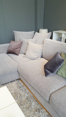 Real photo house grey sofa with cushion in living room interior home