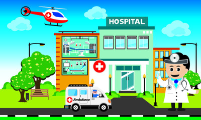 Patient care concept. Vector of doctor team standing on a hospital building, ambulance car background