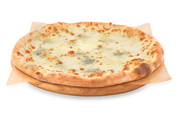 Delicious pizza Four Cheeses with cheddar, Parmesan, mozzarella and tomato sauce. Isolated on white.