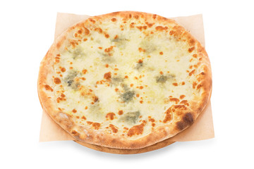Delicious pizza Four Cheeses with cheddar, Parmesan, mozzarella and tomato sauce. Isolated on white. View from above.
