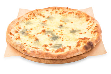 Delicious pizza Four Cheeses with cheddar, Parmesan, mozzarella and tomato sauce. Isolated on white.