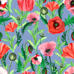 Watercolour poppies flowers seamless pattern.wild flowers meadow grass leaves and branches floral background.