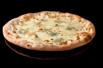 Delicious pizza Four Cheeses with cheddar, Parmesan, mozzarella and tomato sauce. Isolated on black.
