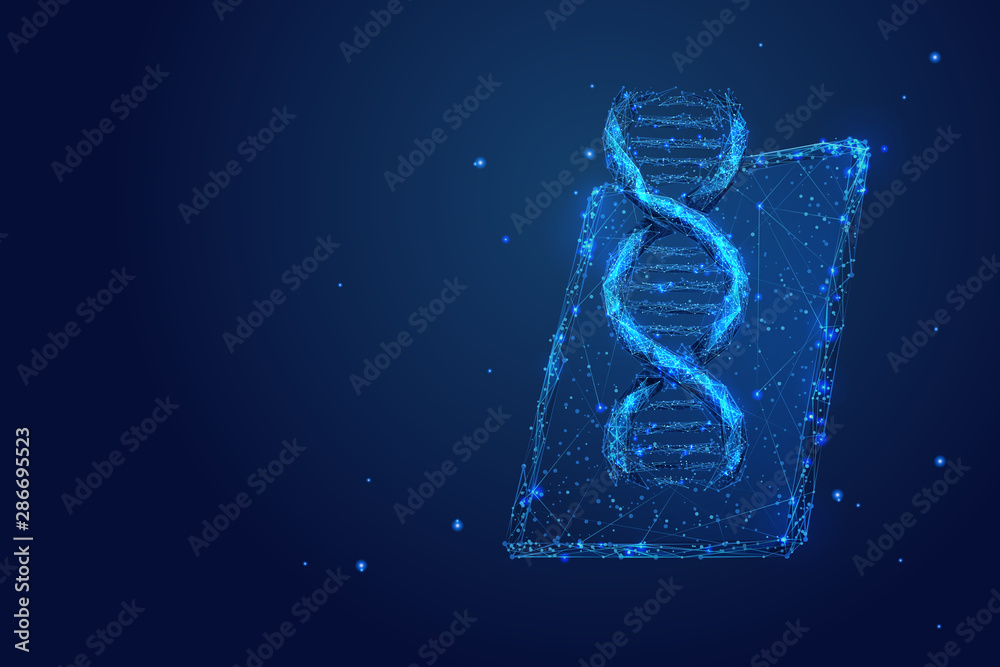 Aufkleber genetic science, biotechnology low poly wireframe illustration. 3d pc tablet with dna molecule on sc
