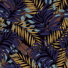 Abstract seamless pattern with tropical flora. Modern texture design, textile, fabric, printing. Hawaiian plants and leaves. Exotic fashion. Tropical ornament and design. Tropics on black background.