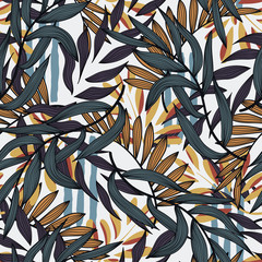 Summer seamless pattern with tropical flora. Modern texture design, textile, fabric, printing. Summer trend. Hawaiian plants and leaves. Exotic fashion. Tropical ornament and design.