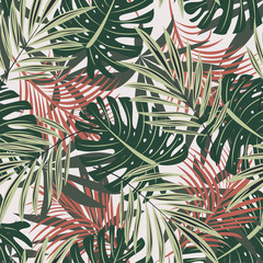 Original seamless pattern with Hawaiian flora. Original texture design, textile, fabric, printing. Summer trend. Tropical plants and leaves on a light background. Exotic fashion. Monstera and branches