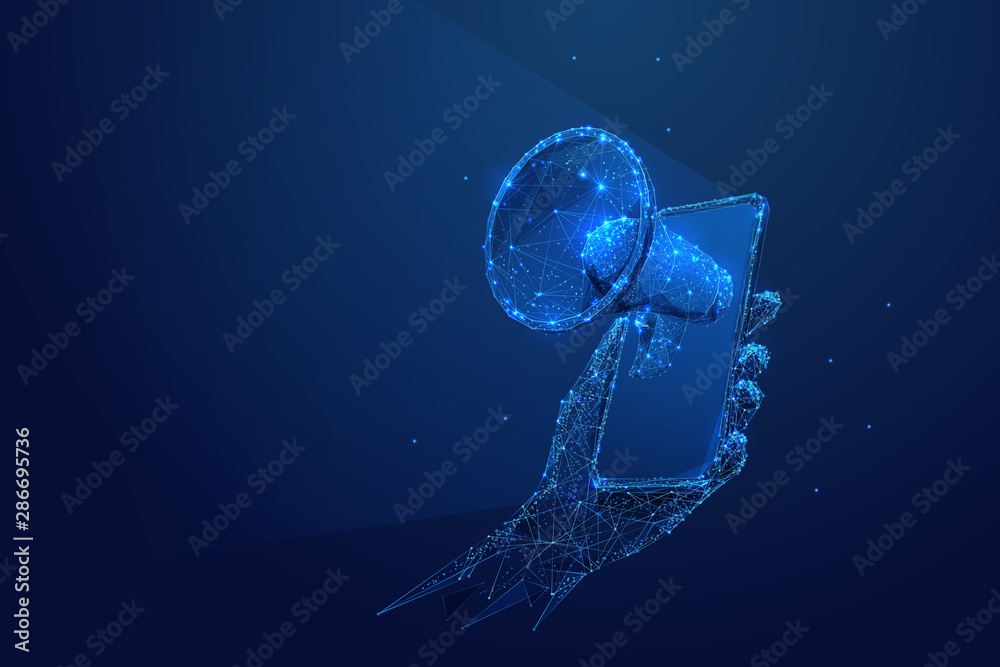 Poster internet mobile marketing low poly wireframe illustration. polygonal online notification, digital ta