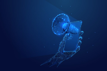 Internet mobile marketing low poly wireframe illustration. Polygonal online notification, digital targeted advertisement, SMM mesh art. 3D hand holding smartphone with megaphone. Promotional campaign
