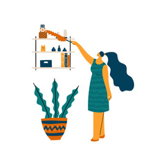 Woman cleaning room. Shaking off dust the shelves. Flat cartoon vector illustration. - 286696533