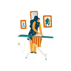 Woman ironing. Flat cartoon vector illustration. - 286696534