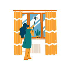 Woman cleaning room. Washing windows. Flat cartoon vector illustration. - 286696546