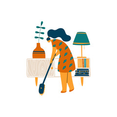 Woman cleaning room. Mopping floors with a mop. Flat cartoon vector illustration.. - 286696557