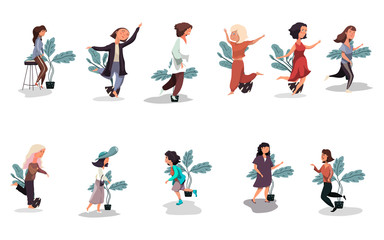 Fototapeta na wymiar Bundle of young women or girl walking dancing and smile. Cute cartoon characters. Flat vector illustration.