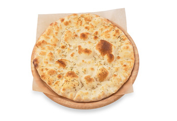 crispy focaccia with rosemary isolated on white background.