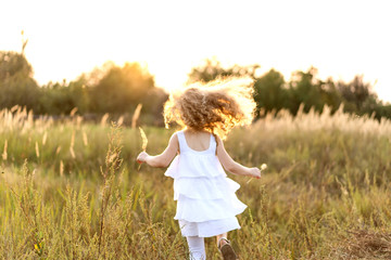 little girl in the sunset plays in the field